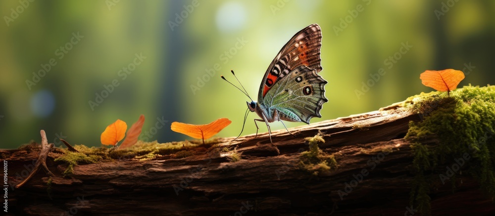 Poster colorful butterfly resting on a mossy log surrounded by vibrant mushrooms in a serene forest setting