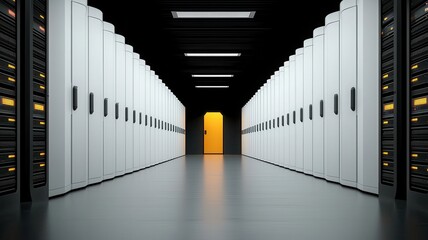 A dimly lit server room featuring rows of white servers, leading to an illuminated door at the end of a long corridor.