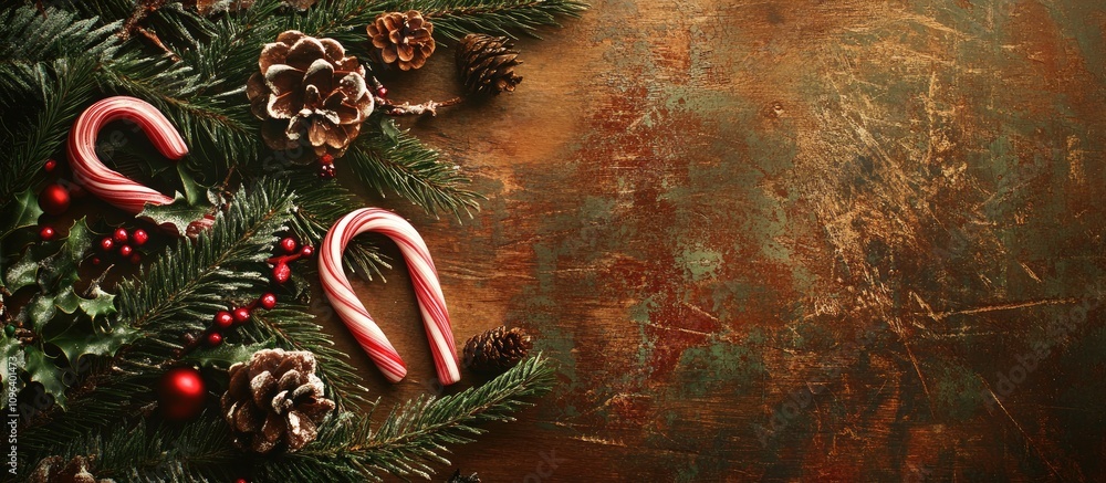 Poster christmas tree branch with candy canes and decorative elements arranged on a rustic wooden table wit