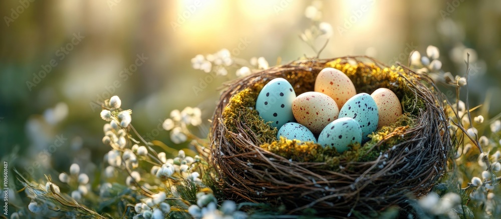 Poster easter nest decor with colorful eggs moss feathers and willow branches in a serene spring setting su