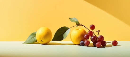 Minimalistic fruit composition featuring lemons and grapes against a vibrant yellow background emphasizing summer and natural shadows.