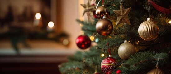 Close up of a beautifully decorated Christmas tree with festive ornaments and warm lighting creating a cozy holiday atmosphere.