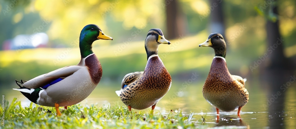 Poster three ducks by the pond enjoying a peaceful moment in a serene natural setting with soft sunlight fi