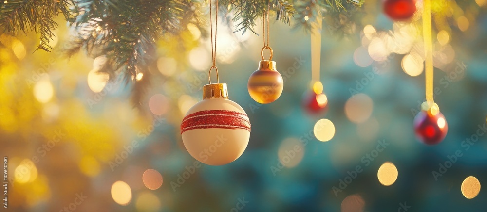 Aufkleber decorative christmas ornaments hanging from tree branches with a soft bokeh background highlighting 