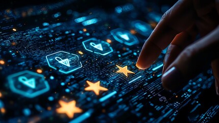 Futuristic digital interface with hand interaction