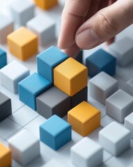 Obraz premium A colorful arrangement of 3D blocks with a hand placing a yellow block, showcasing creativity and spatial organization.