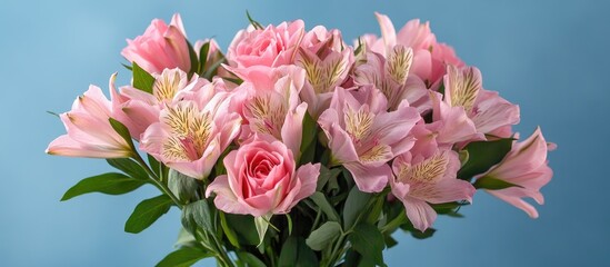 Fototapeta premium Bouquet of fresh pink roses and alstroemeria flowers beautifully arranged against a soft blue background with ample space for text.