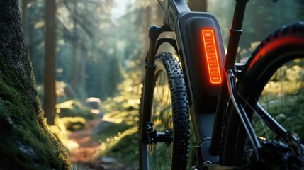Fototapeta premium Close-Up of a Mountain Bike with a Vibrant LED Tail Light in a Serene Forest Setting at Golden Hour, Emphasizing Nature and Outdoor Adventure