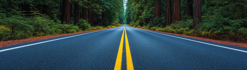  Highway winds through a redwood forest, with giant trees towering over the road, captured in 8K resolution. The scene is rendered with ultra-realistic detail and perfect focus.