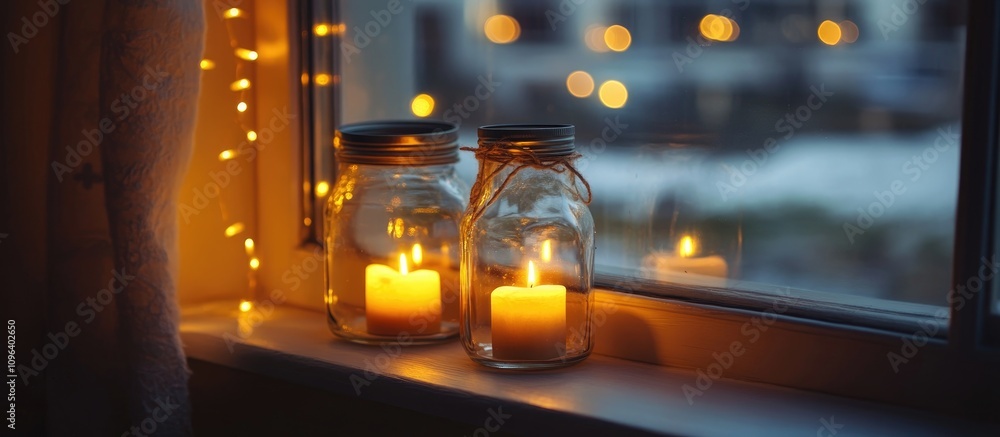Poster candle lanterns glowing in jars on a windowsill surrounded by warm fairy lights creating a cozy and 