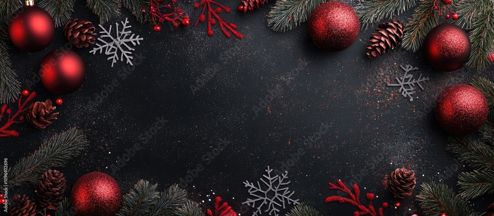 Poster christmas wreath with red ornaments and snowflakes on dark textured background creating a festive se