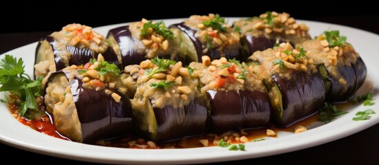 Eggplant rolls filled with savory nut mixture garnished with herbs and spices showcasing vibrant colors and textures on a plate
