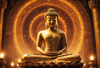Fototapeta premium Golden Buddha statue, spiritual temple, cosmic background, glowing aura, mystical energy, serene meditation, ancient architecture, warm lighting, peaceful atmosphere, intricate details 
