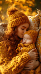 Tender Woman in Knitted Sweater Gently Holds Sleeping Baby in Autumn Setting