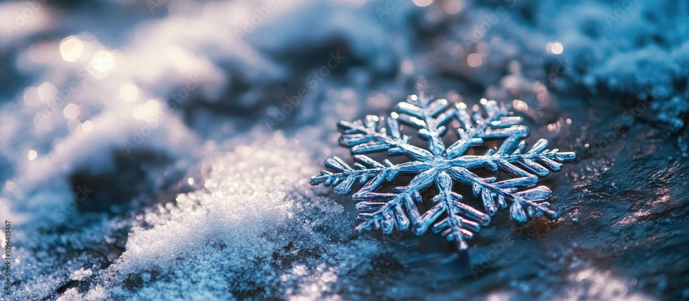 Poster blue snowflake resting on shimmering snow layers with a blurred frosty background creating a serene 