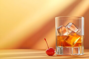 A glass of whiskey with ice cubes and a cherry, simple flat illustration style, retro colors