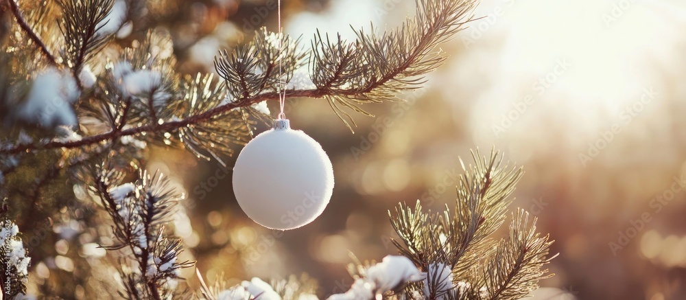 Aufkleber winter forest scene with white ornament hanging on pine branches surrounded by snow and sunlight cre