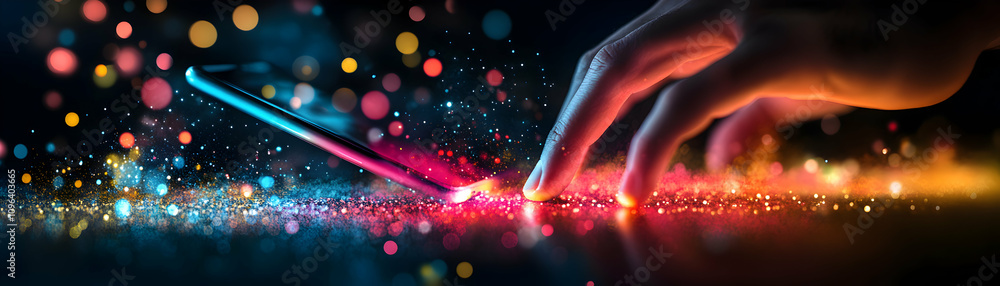 Aufkleber abstract 3d rendering: hand interacts with glowing digital surface, vibrant colors and bokeh lights 