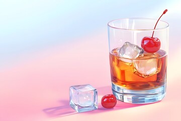 A glass of whiskey with ice cubes and a cherry, simple flat illustration style, retro colors