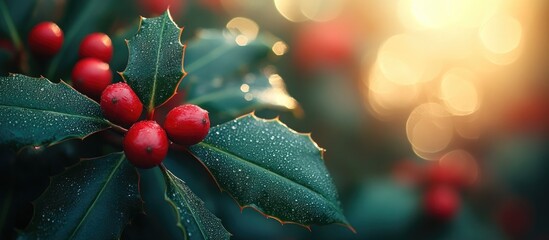 Close up of red holly berries on bright green leaves with dew drops illuminated by warm sunlight in a festive seasonal setting