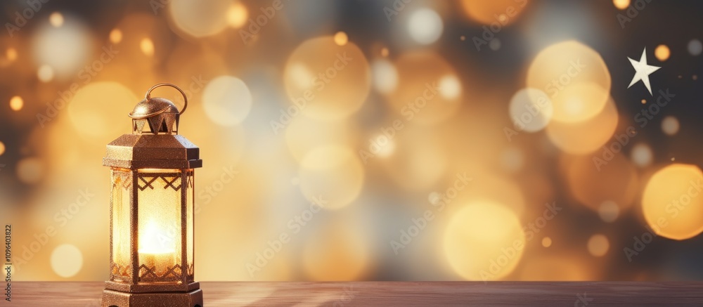 Poster festive lantern illuminated against a blurred backdrop of christmas lights creating an ideal setting