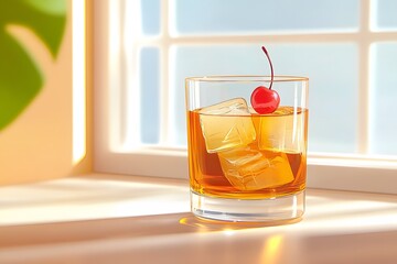 A glass of whiskey with ice cubes and a cherry, simple flat illustration style, retro colors
