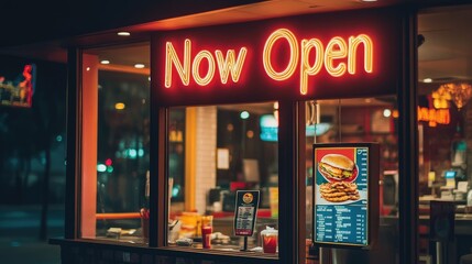 Fototapeta premium Vibrant Fast Food Restaurant Exterior at Night with Bright Neon 'Now Open' Sign Displaying Menu and Delicious Food Items