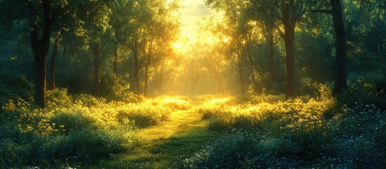 Obraz premium Serene Sunlight Filtering Through Lush Green Forest with Vibrant Wildflowers and Tranquil Pathway Leading Into Nature's Embrace