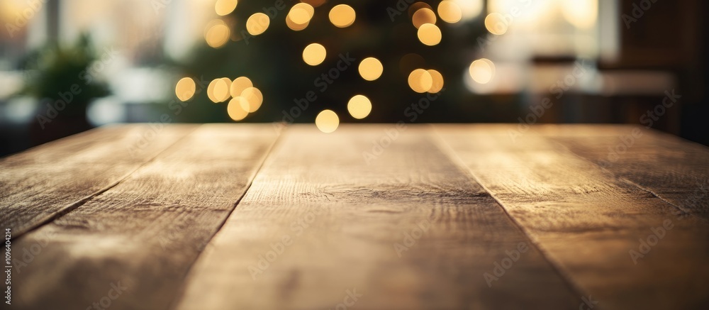 Poster wooden table in front of a blurred christmas tree with bokeh lights creating a warm festive ambiance