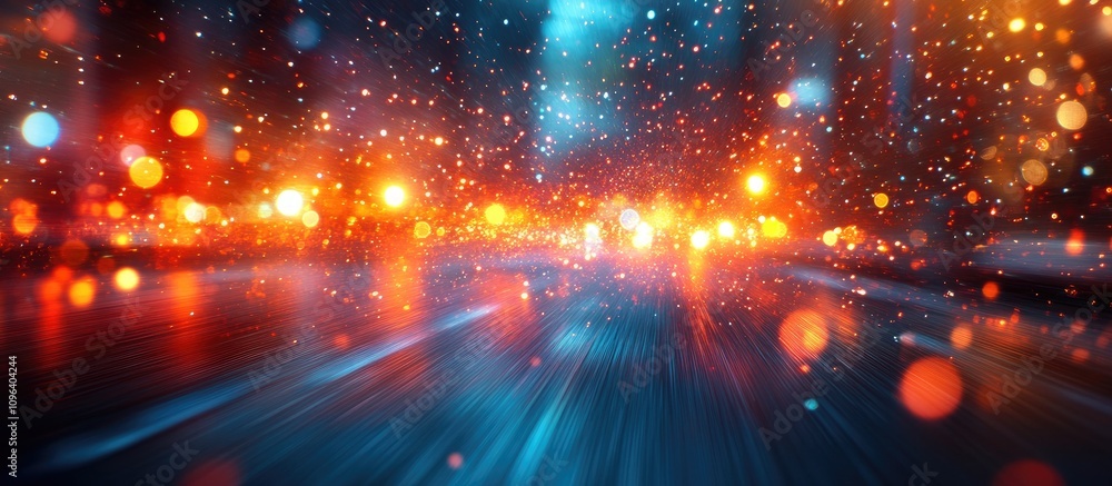 Poster dynamic motion blur of glowing lights creating a vibrant pattern with colorful bokeh effect in a nig