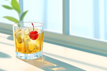 A glass of whiskey with ice cubes and a cherry, simple flat illustration style, retro colors