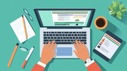 Aerial View of Person Working on Laptop at Desk with Tablet, Coffee, Stationery, and Green Plant in Modern Workspace Environment