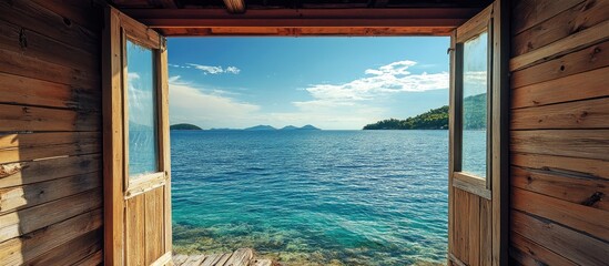 Fototapeta premium Serene coastal view from a wooden boathouse overlooking calm sea and distant islands under a clear blue sky