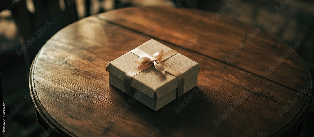 Poster gift box with satin ribbon on rustic wooden table creating a warm and inviting atmosphere for specia
