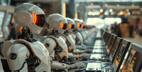 A futuristic assembly line of advanced humanoid robots working in unison, showcasing the potential of artificial intelligence in manufacturing.