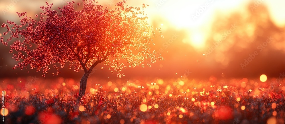Poster bokeh illuminated tree in a vibrant sunset with blurred background creating a dreamy atmosphere in a
