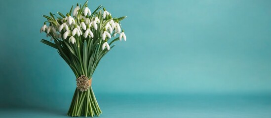 Snowdrop bouquet symbolizing the arrival of spring with elegant presentation on a soft turquoise background for seasonal decorations