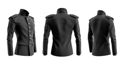 A stylish black military jacket with detailed buttons and epaulets, displayed from multiple angles.