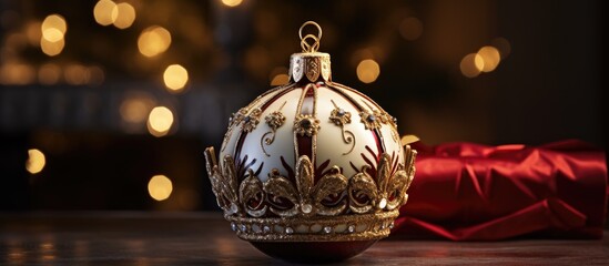 Elegant Christmas crown bauble ornament with intricate design and warm bokeh background for festive holiday decoration and celebration.