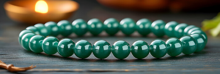 Close-up of a Polished Green Jade Bead Bracelet on Dark Wood