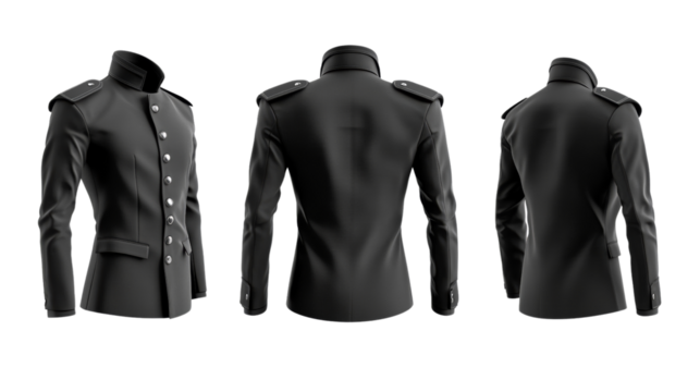 A stylish black military jacket with detailed buttons and epaulets, displayed from multiple angles.