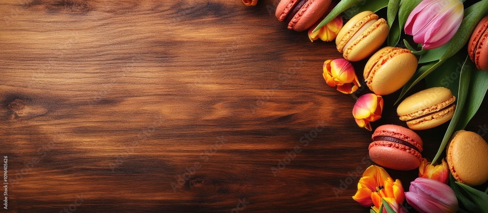 Poster colorful macaroons and vibrant tulips arranged on a wooden surface creating a cheerful and inviting 