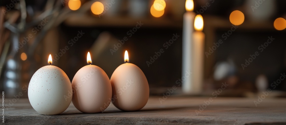 Poster candles shaped like eggs glowing softly on a rustic wooden table with warm bokeh lights in the backg