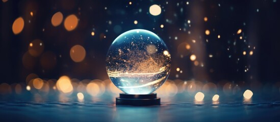 Crystal ball illuminated at night with sparkling lights creating a magical atmosphere perfect for fantasy and mysticism themes