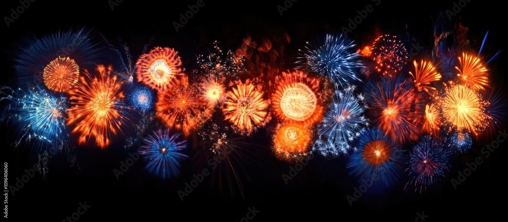 Poster colorful fireworks display captured with long exposure technique in a horizontal layout showcasing v