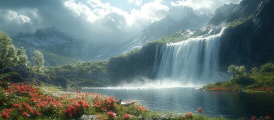 Fototapeta premium Breathtaking waterfall cascading from lush hills surrounded by vibrant flowers and serene lake under a dramatic sky
