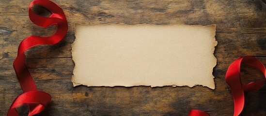 Vintage greeting card with blank space and red ribbon on rustic wooden background for holiday or special occasion messaging