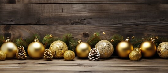 Naklejka premium Elegant gold Christmas baubles and pinecones on rustic wooden surface for festive holiday decoration concept