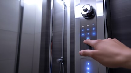 Naklejka premium Modern Shower Control Panel with Hand Adjusting Temperature and Water Flow in Luxurious Home Bathroom Setting