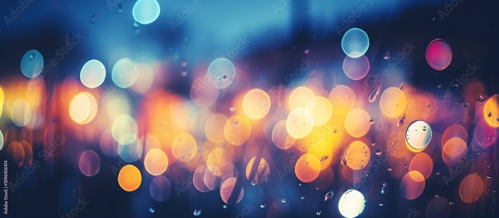 Poster colorful bokeh lights shimmering through rain on a window at night creating a dreamy atmospheric bac